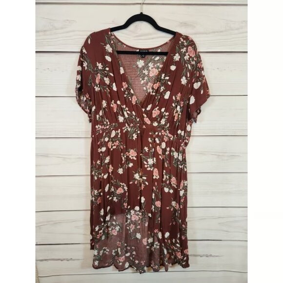 Tops - Torrid Women's Brown Floral Print V-Neck Short Sleeve Hi Low Tunic Blouse 1X